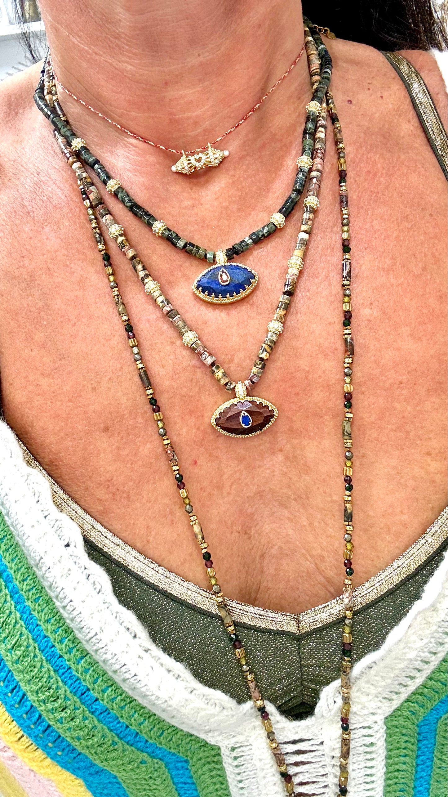 Collier Amulette Œil Sacré Jaspe Léopard et Œil de Taureau