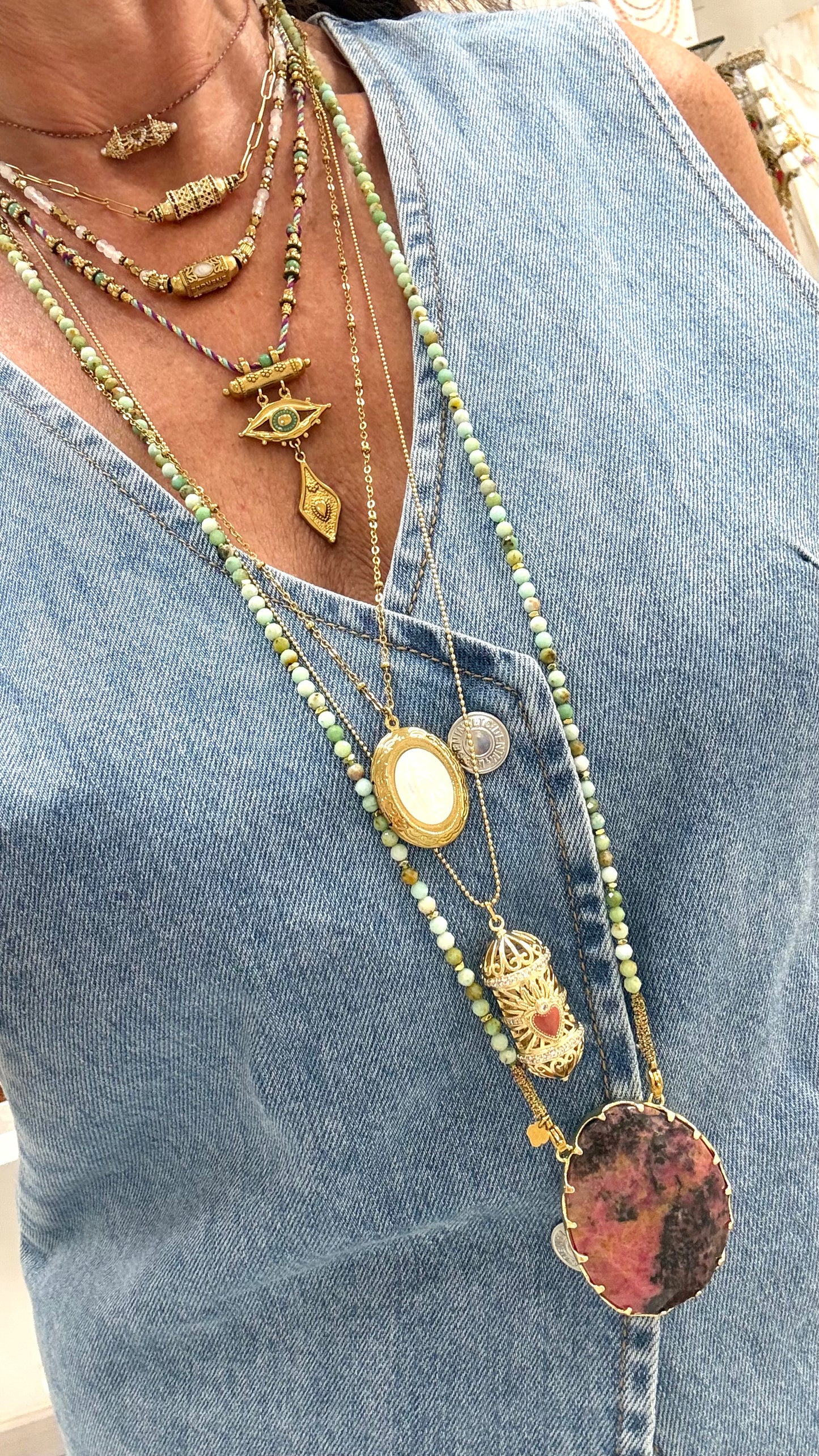 Sautoir Boréale Chrysoprase et Rhodonite