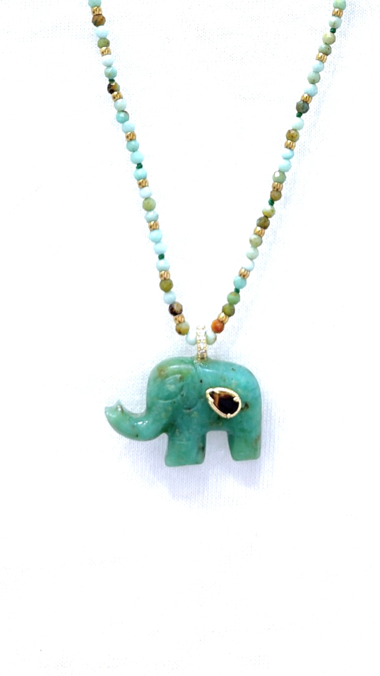 Collier Éléphant Chrysoprase et Œil de Tigre