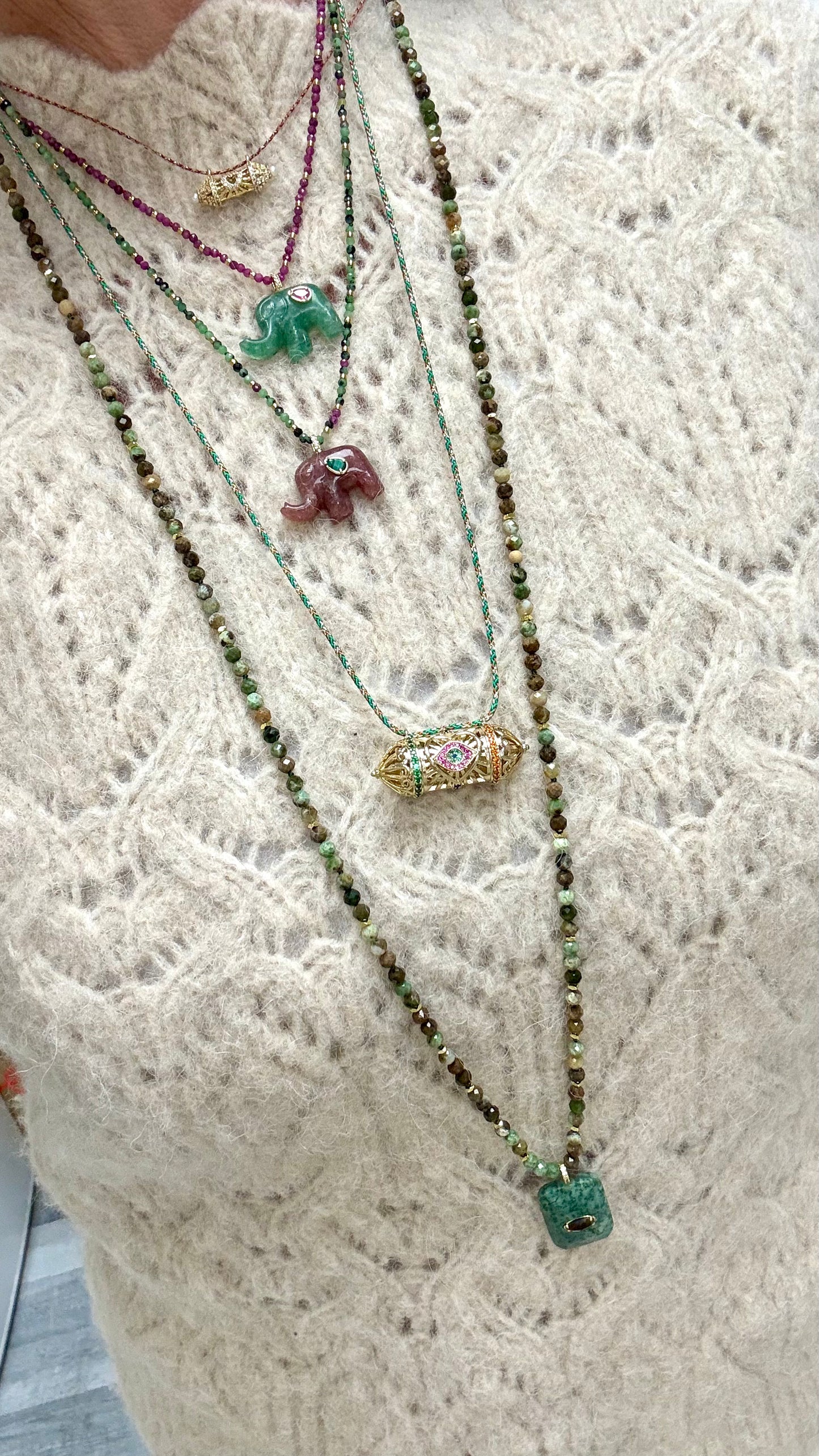 Collier Éléphant Aventurine et Agate Rose