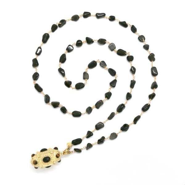Sautoir Amulette Kalia Obsidienne Dorée , Onyx et Œil de Tigre