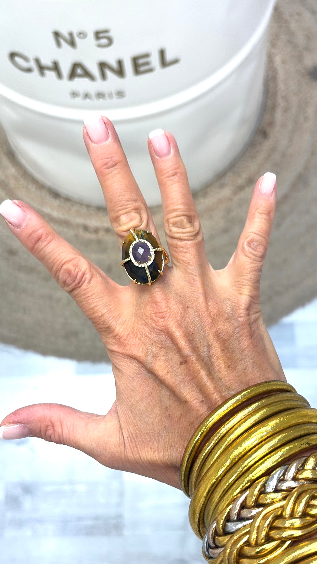 Bague Superbe Oeil de Tigre et Améthyste