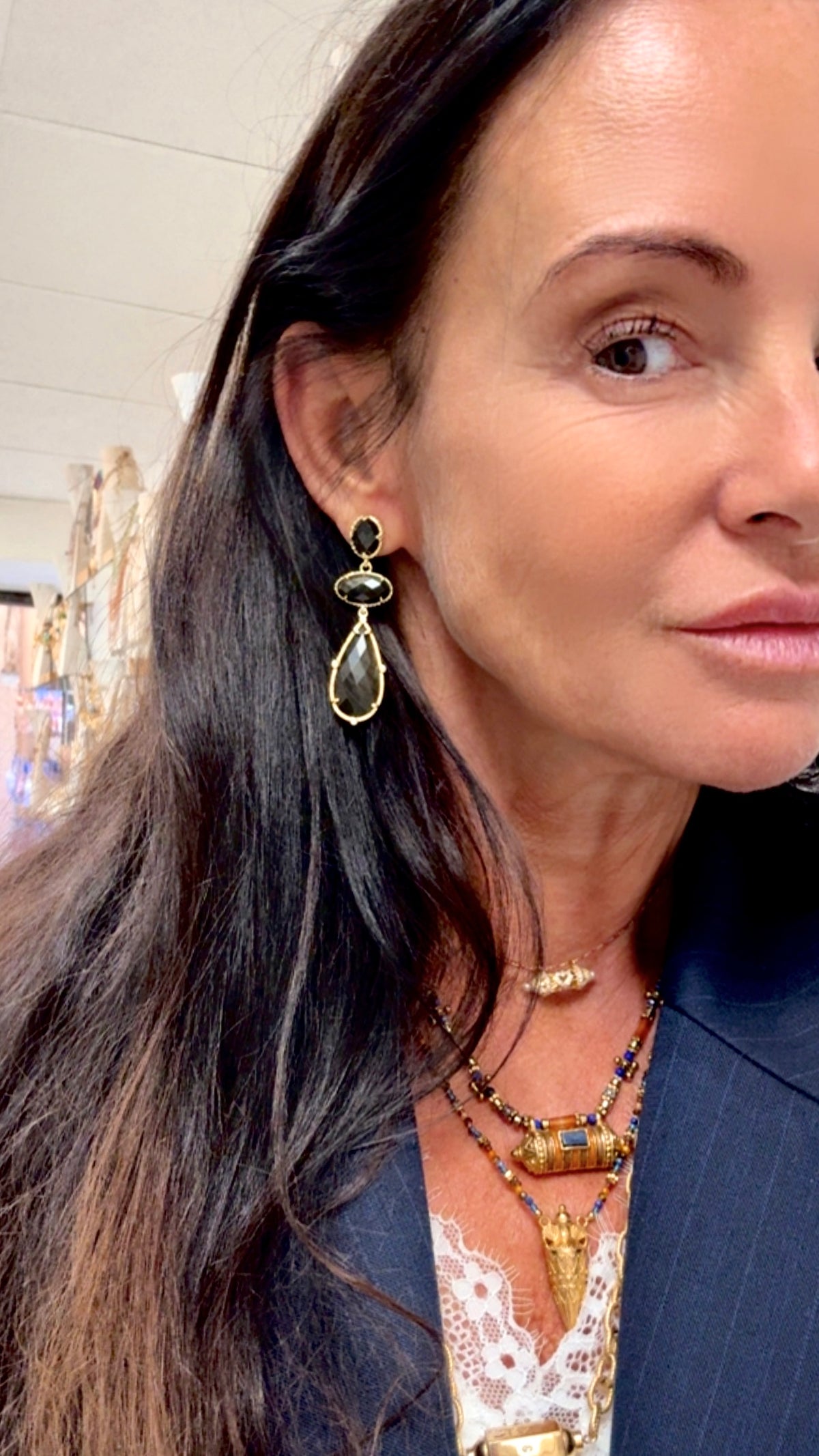 Boucles d’Oreilles Trio Obsidienne Dorée