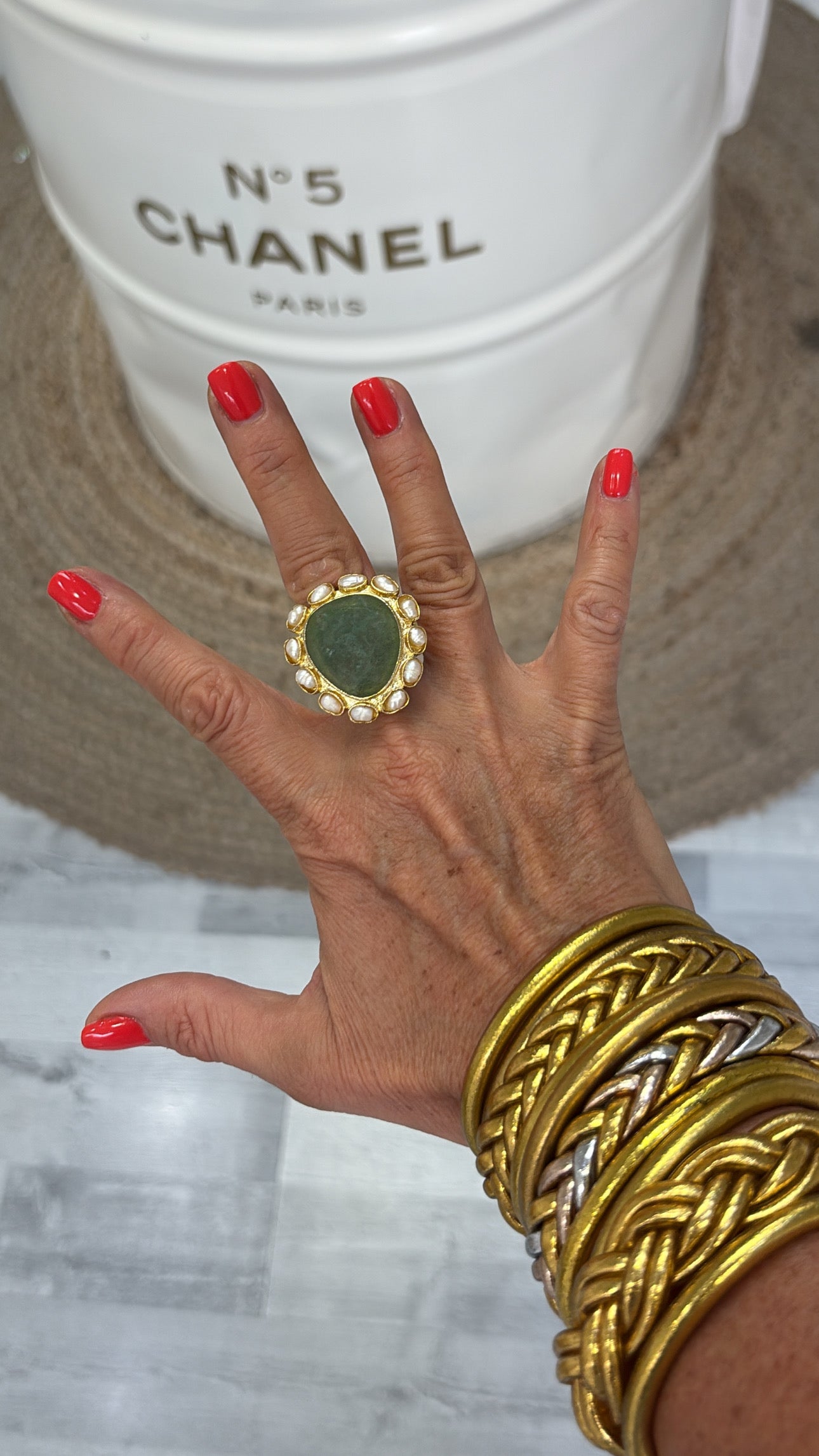 Bague Ovaloide Aventurine et perles d’eau douce