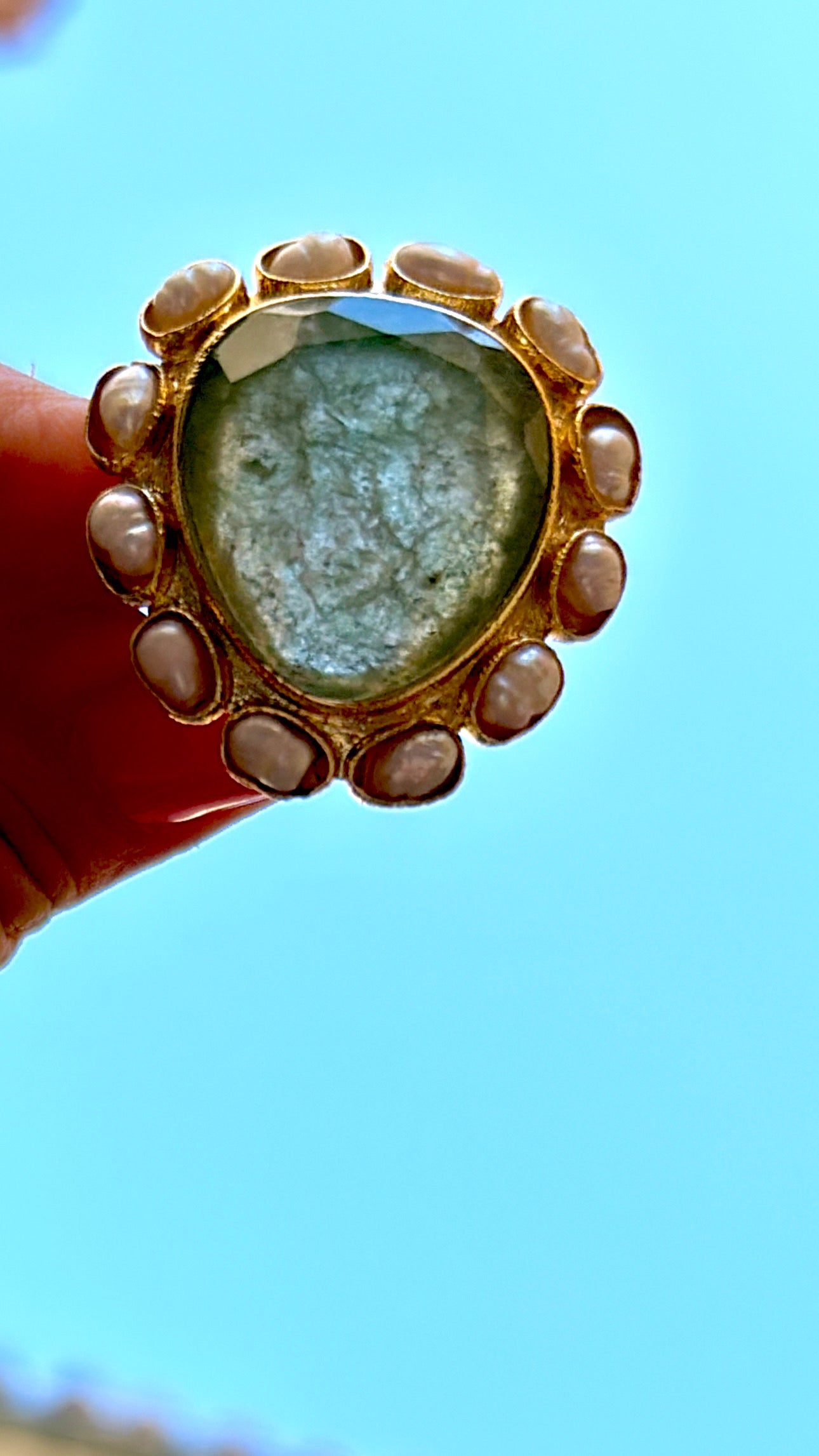 Bague Ovaloide Aventurine et perles d’eau douce