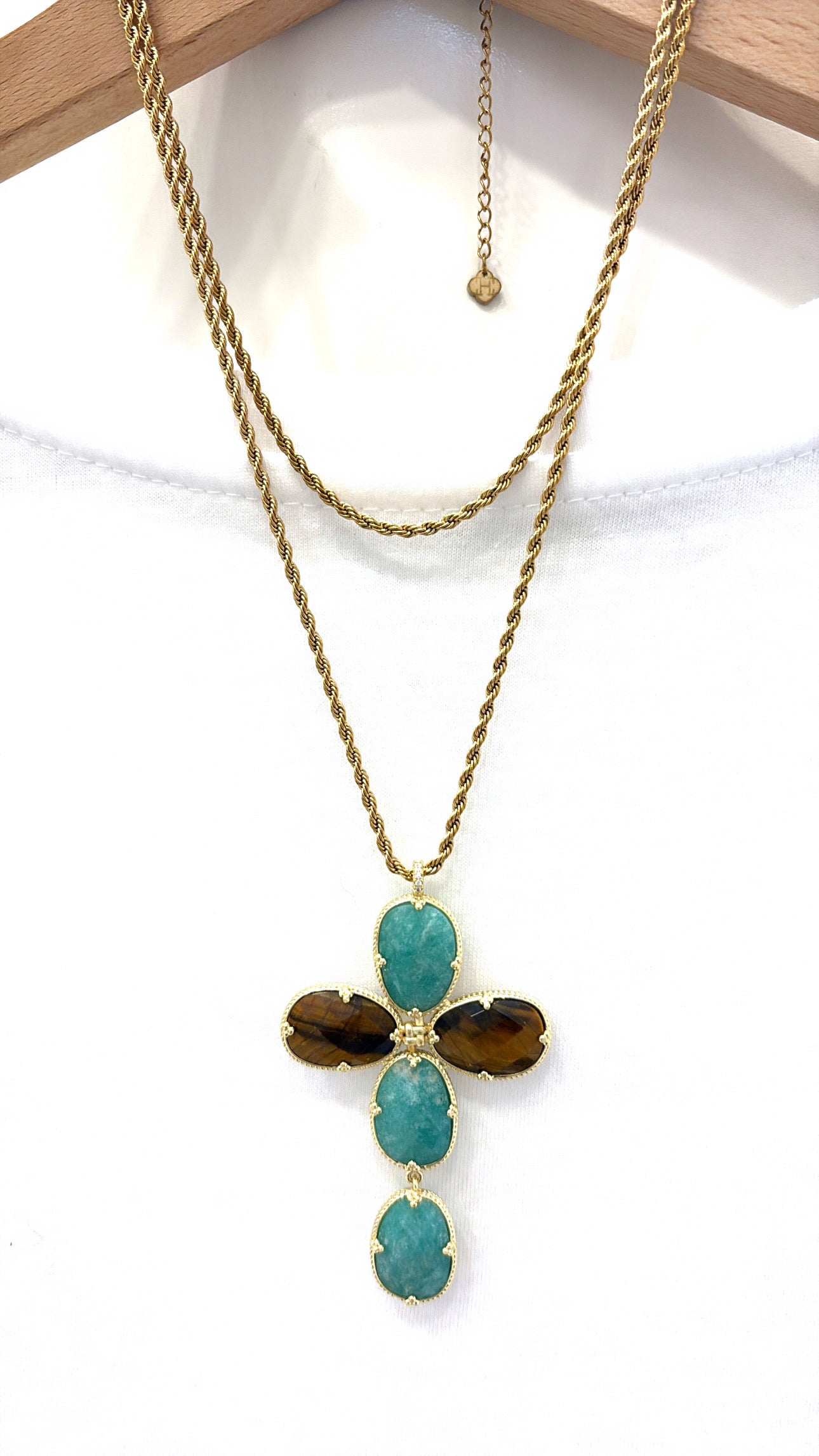 Sautoir Cruz Amazonite et Œil de Tigre