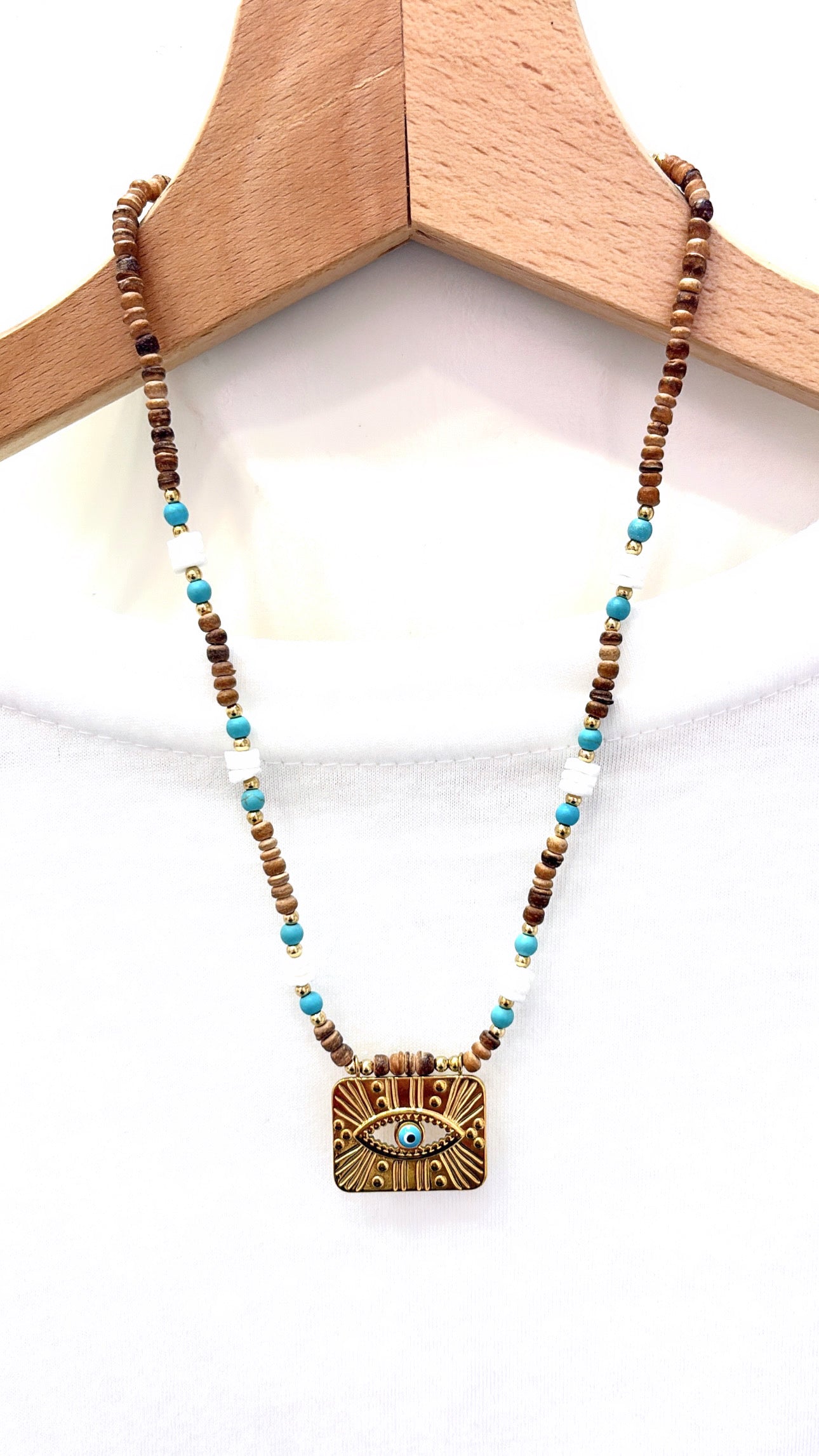 Collier Amulette Oeil Bois et Coquillages