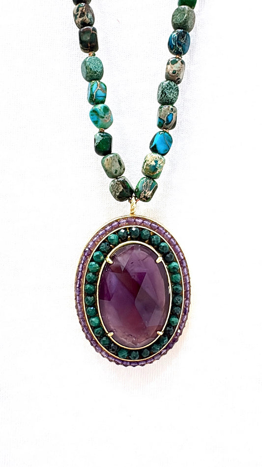 Sautoir l’Impérial Amethyste, Chrysocolle et Malachite