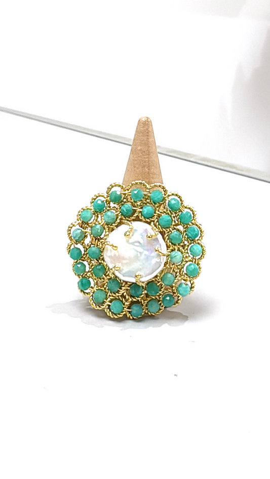 Bague Corolle Amazonite et Perles d’eau douce