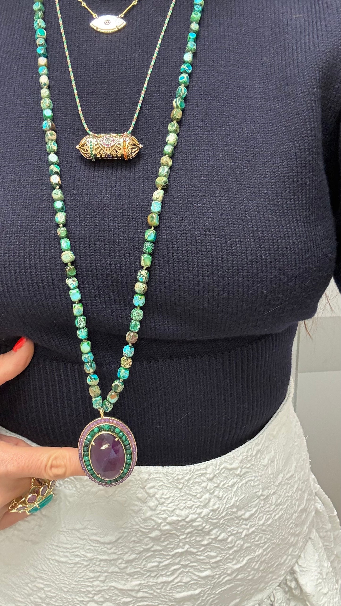 Sautoir l’Impérial Amethyste, Chrysocolle et Malachite