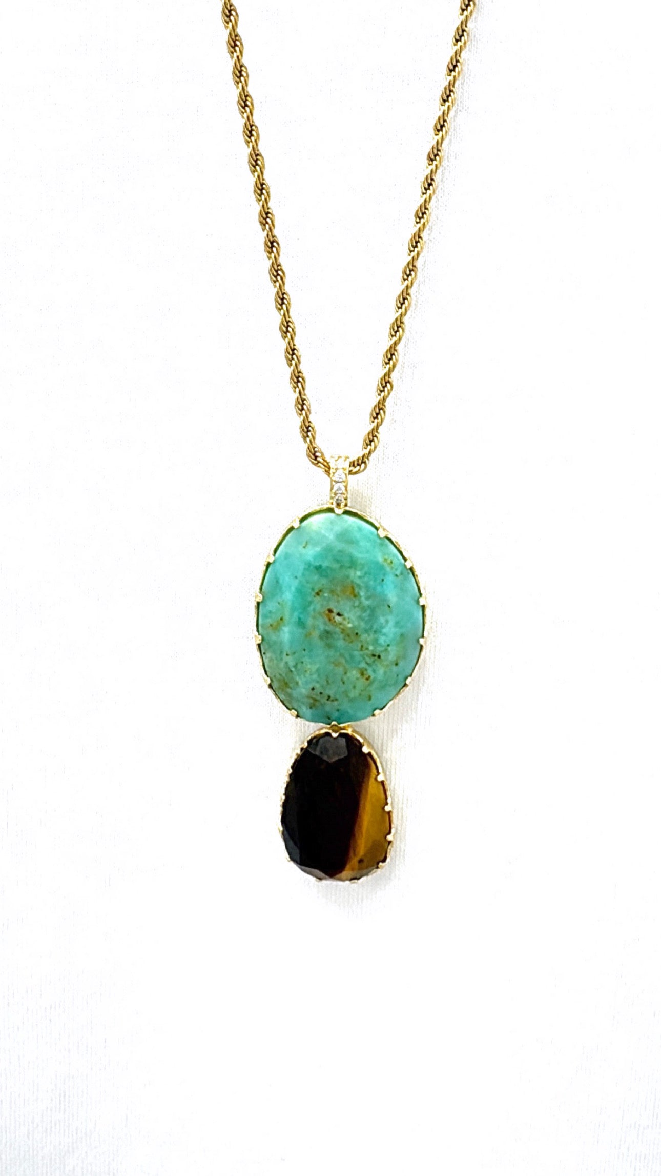 Sautoir Élégance Chrysoprase et Œil de Tigre