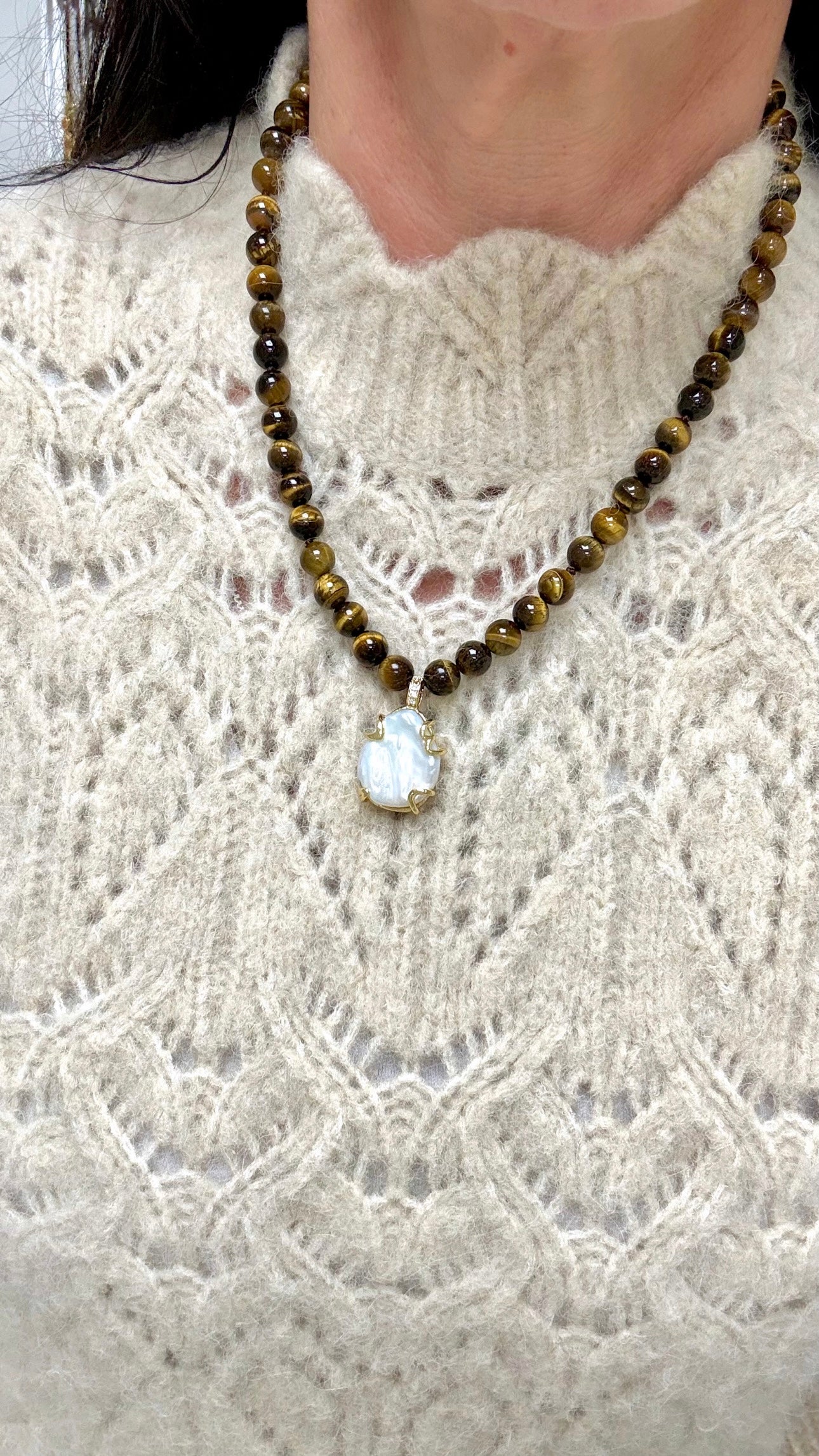 Collier Pépite d’eau douce et Œil de Tigre