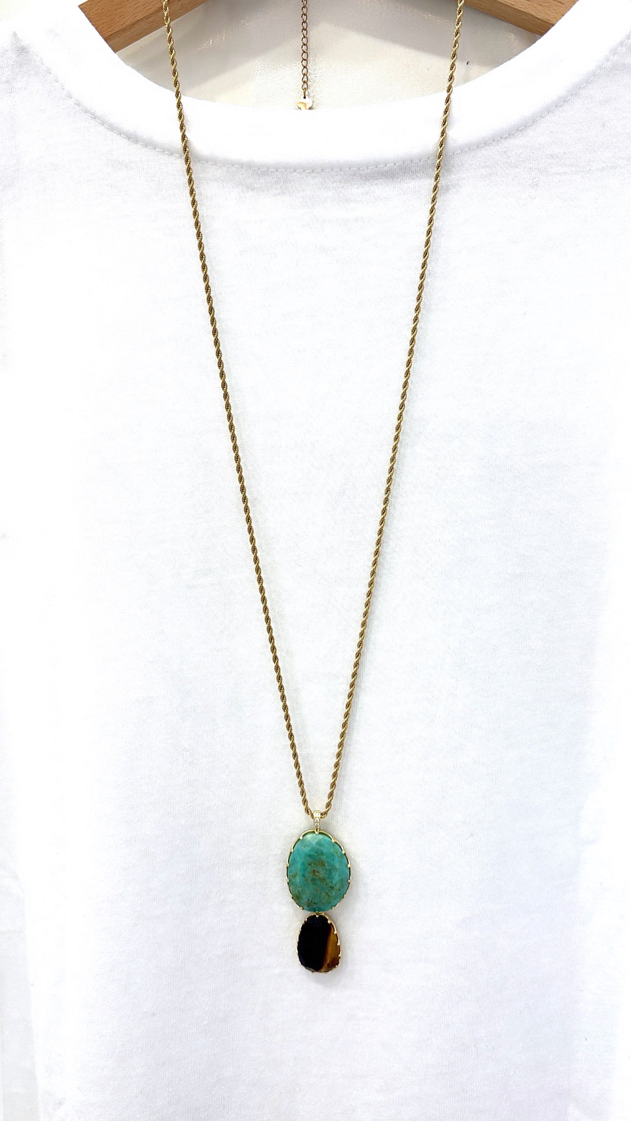 Sautoir Élégance Chrysoprase et Œil de Tigre