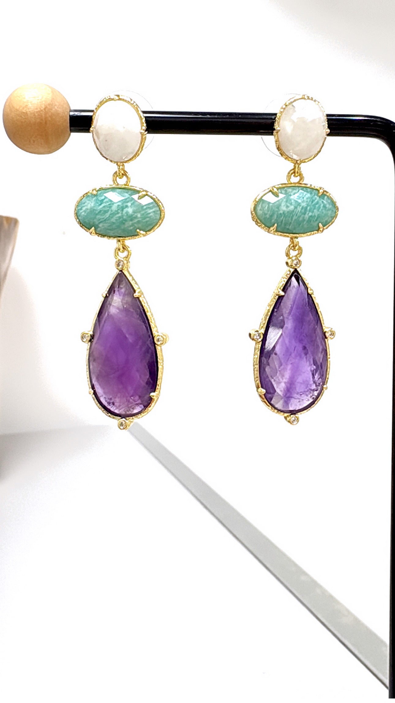 Boucles D’oreilles Trio Quartz/Amazonite/Amethyste