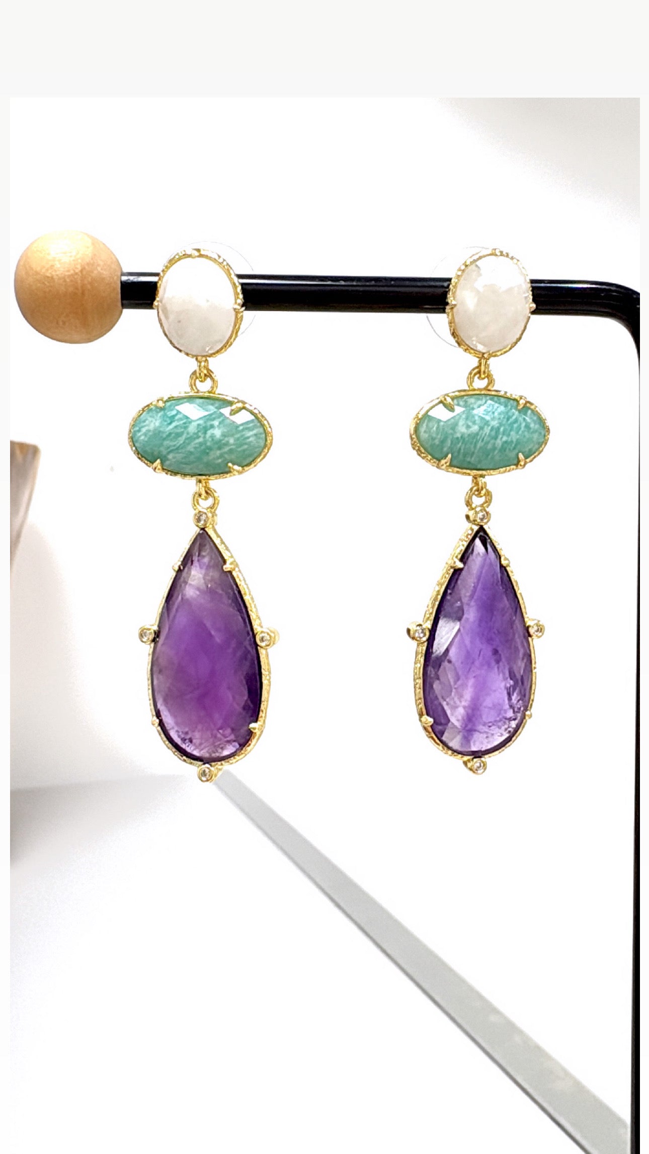 Boucles D’oreilles Trio Quartz/Amazonite/Amethyste