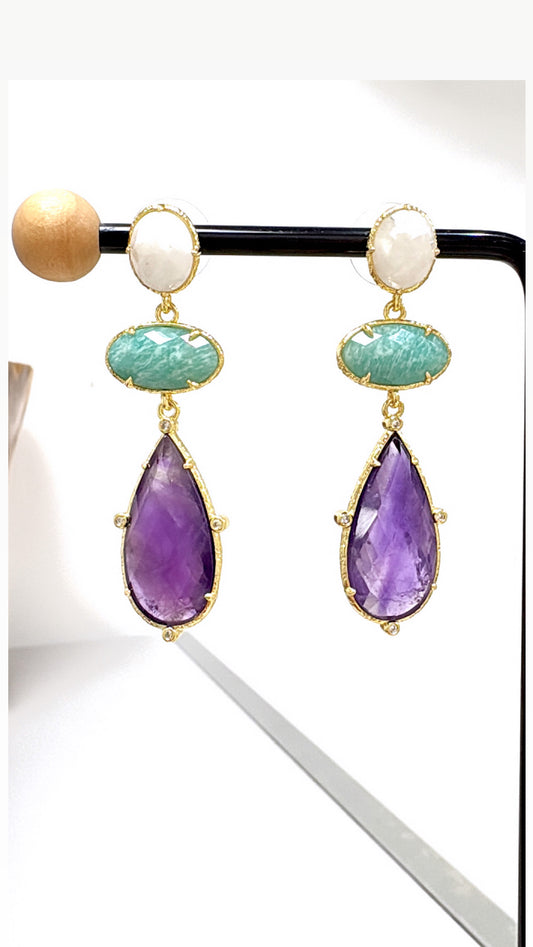 Boucles D’oreilles Trio Quartz/Amazonite/Amethyste