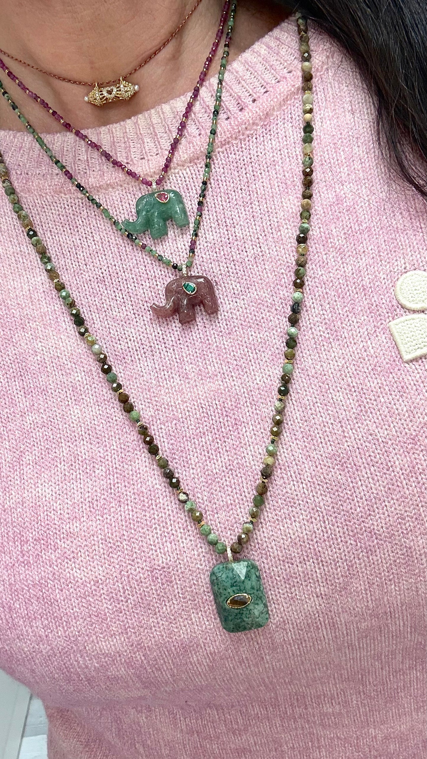 Collier Éléphant Aventurine et Agate Rose