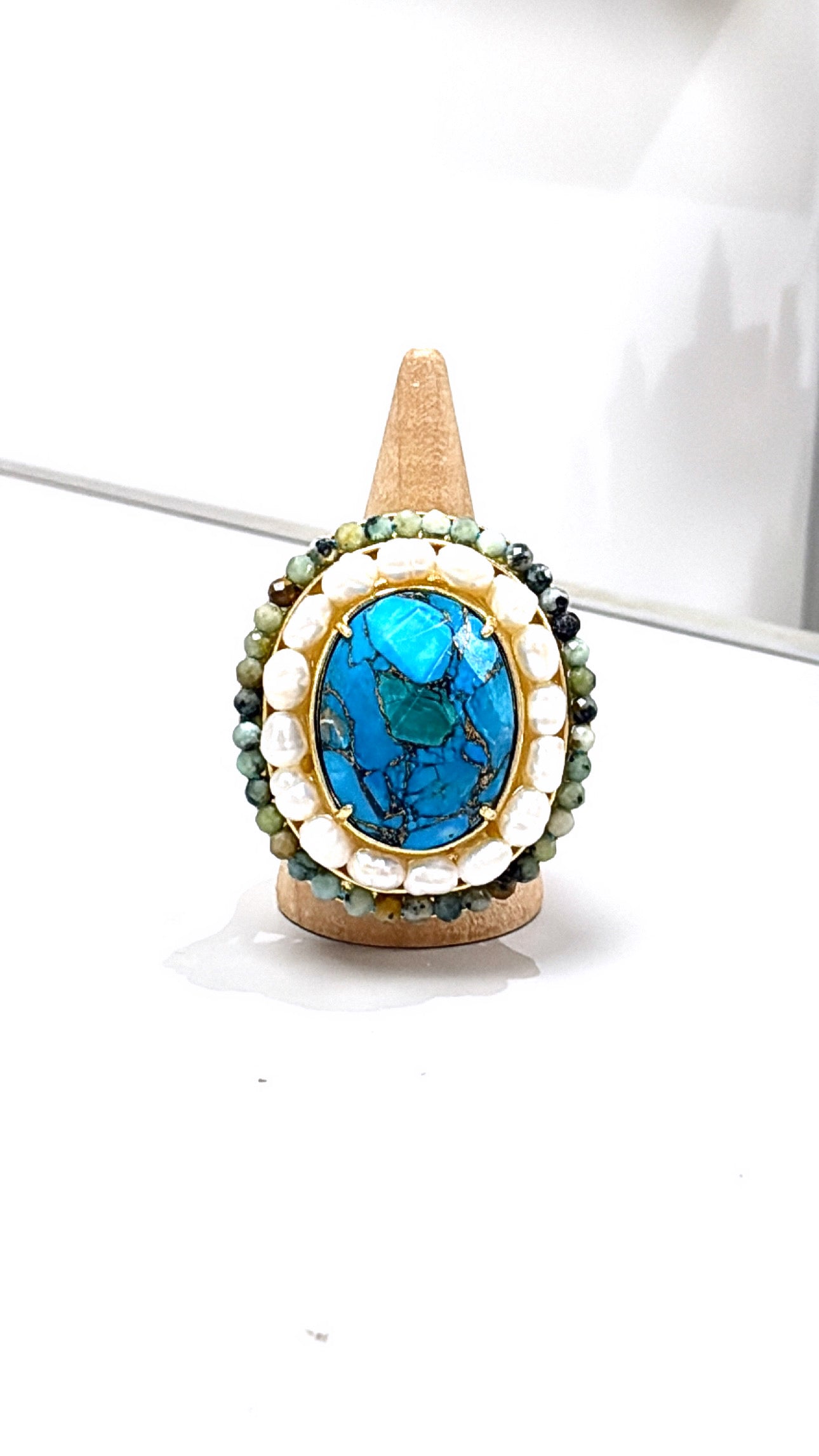 Bague l’Exceptionnelle Turquoise Mohave, Turquoise Africaine et Perles d’eau douce