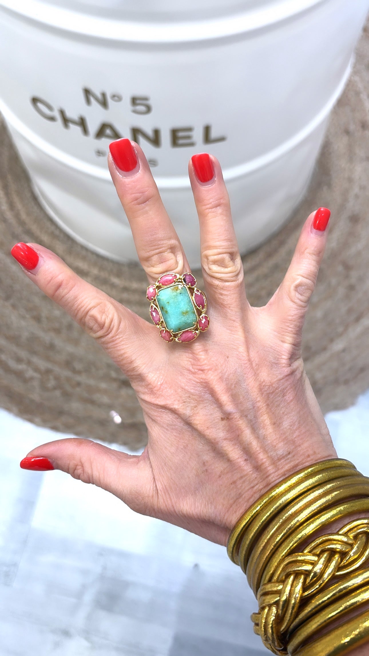Bague Splendide Chrysoprase et Rhodonite