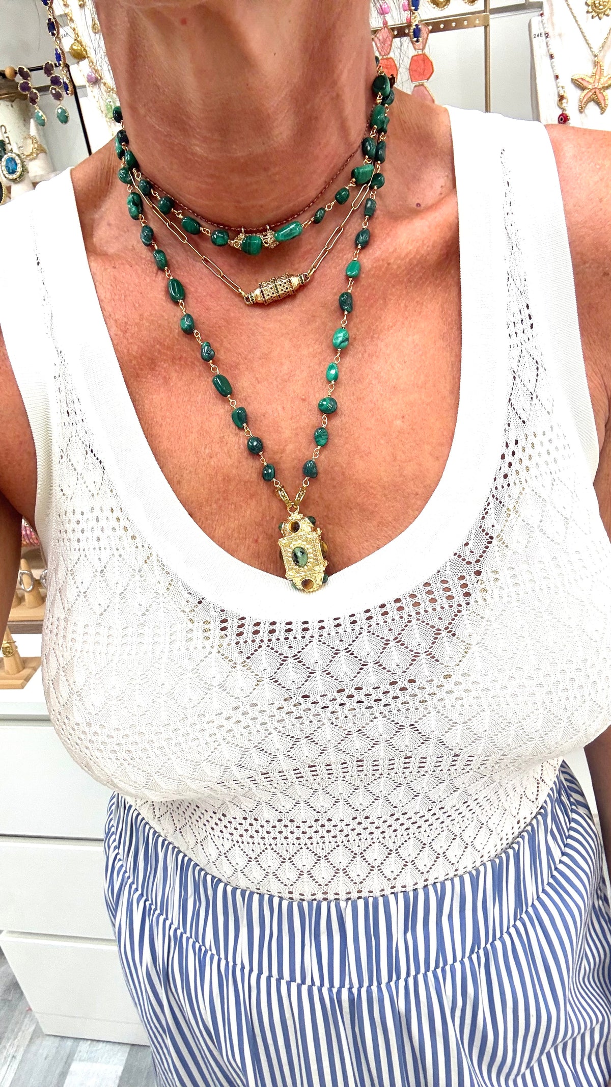 Sautoir Amulette Kalia Malachite, Œil de Tigre et Rubis Zoisite