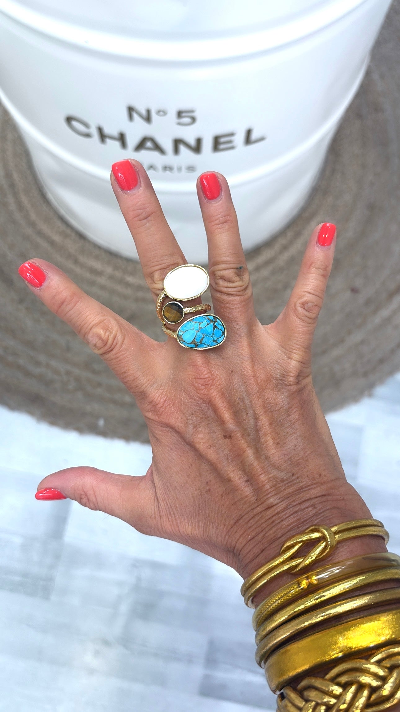 Bague Trio Quartz Blanc, Turque Mohave et Œil de Tigre