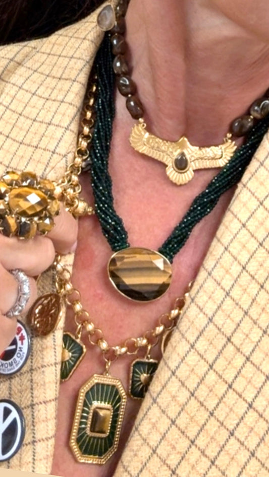Collier Famous Oeil de Tigre et Cristal Vert