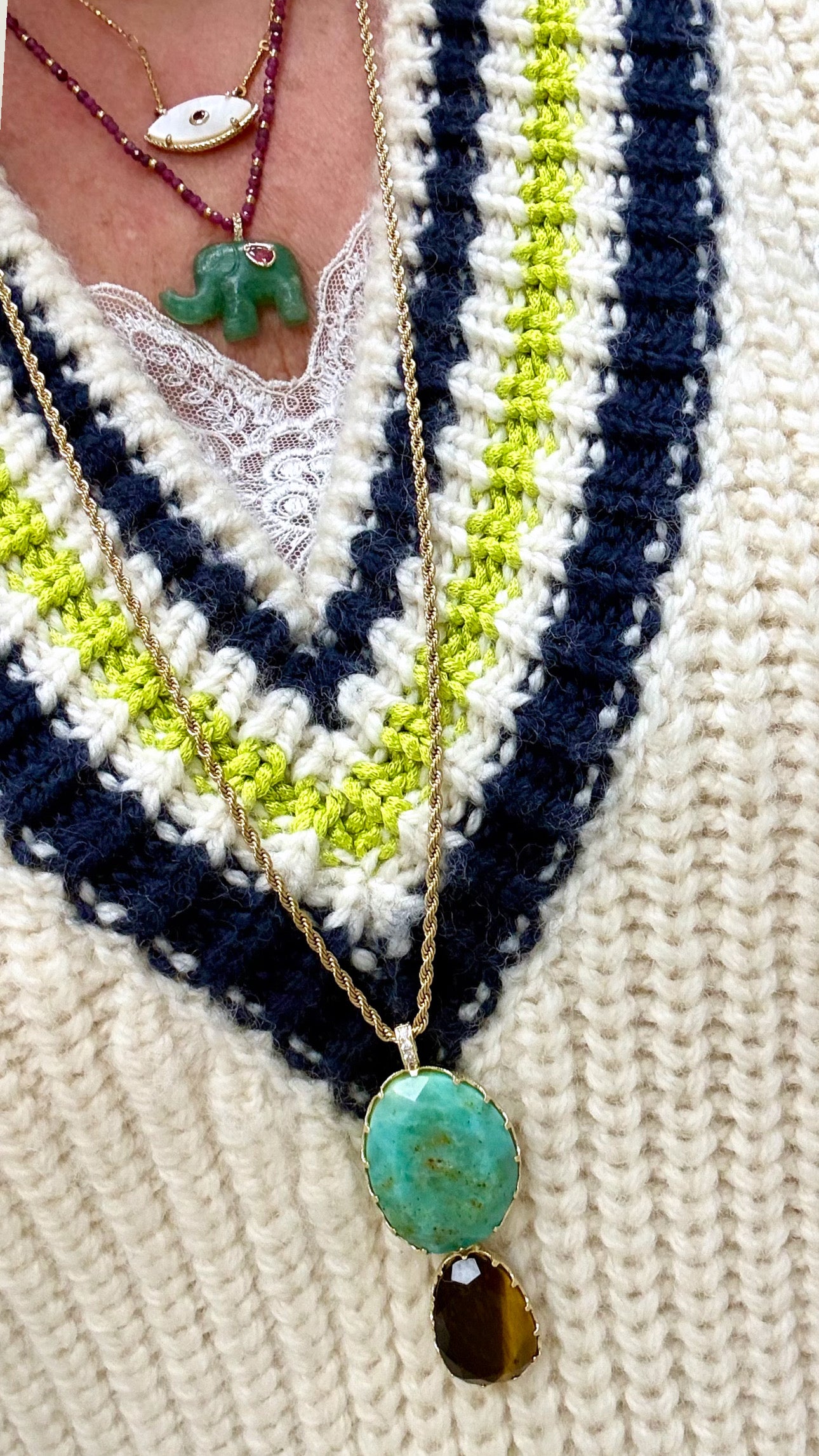 Sautoir Élégance Chrysoprase et Œil de Tigre