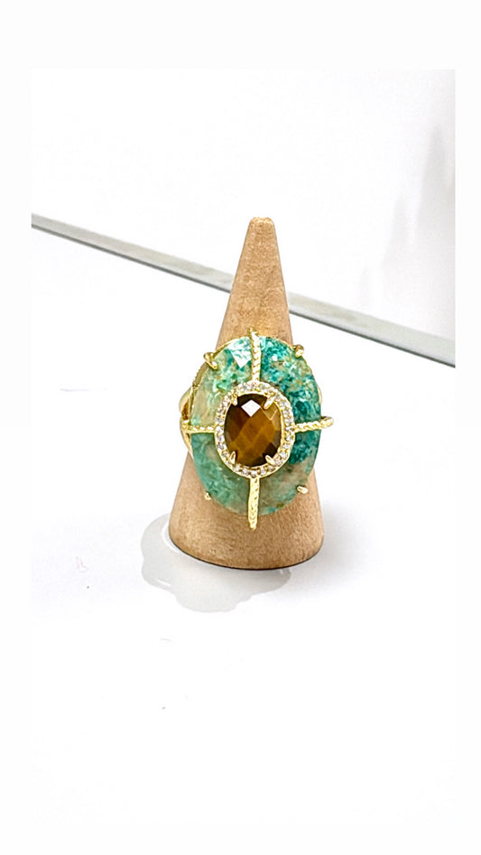 Bague Superbe Chrysoprase et Œil de Tigre