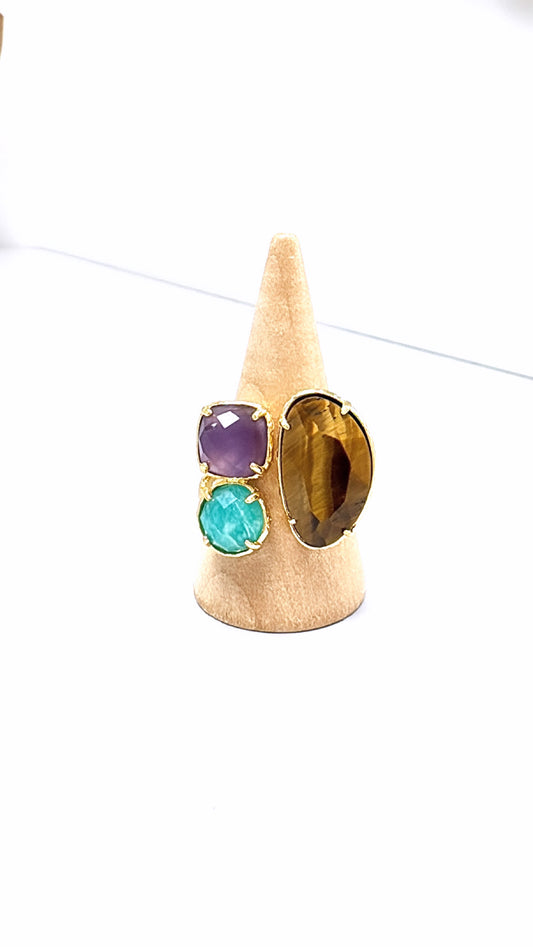 Bague Boréale Améthyste, Œil de Tigre et Amazonite