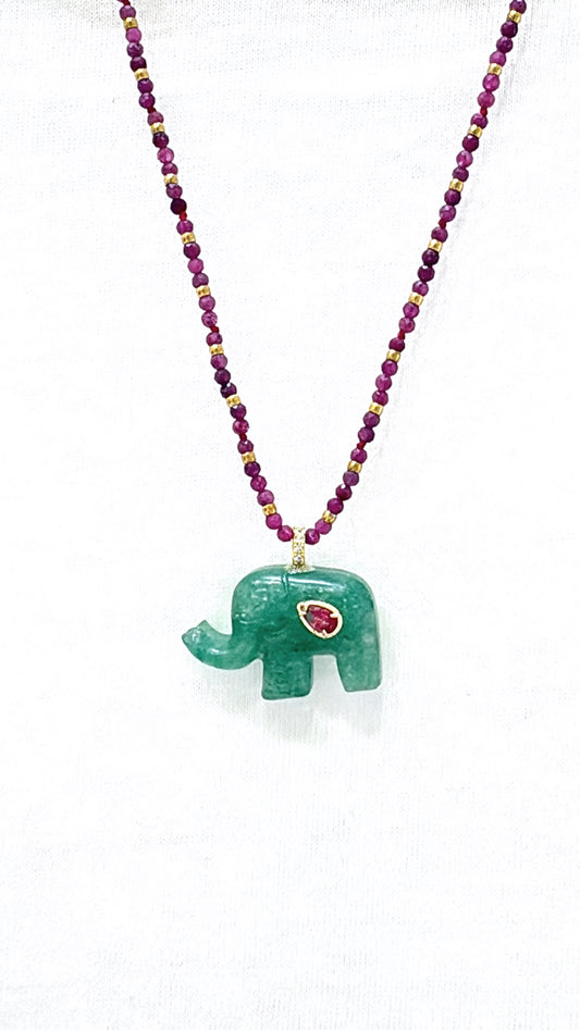Collier Éléphant Aventurine et Agate Rose