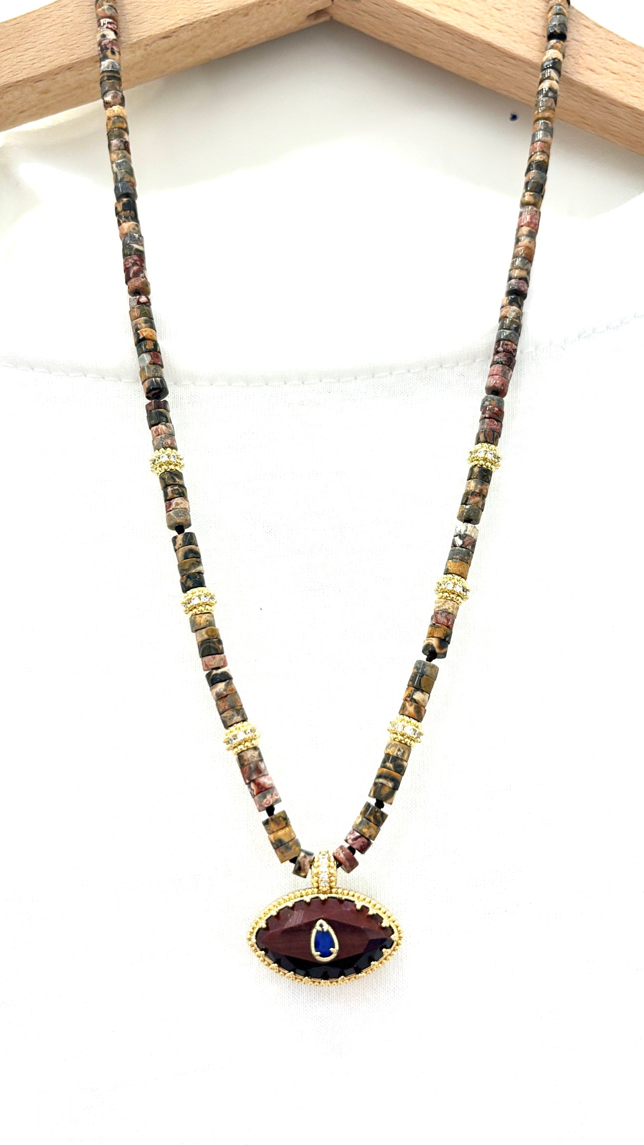 Collier Amulette Œil Sacré Jaspe Léopard et Œil de Taureau
