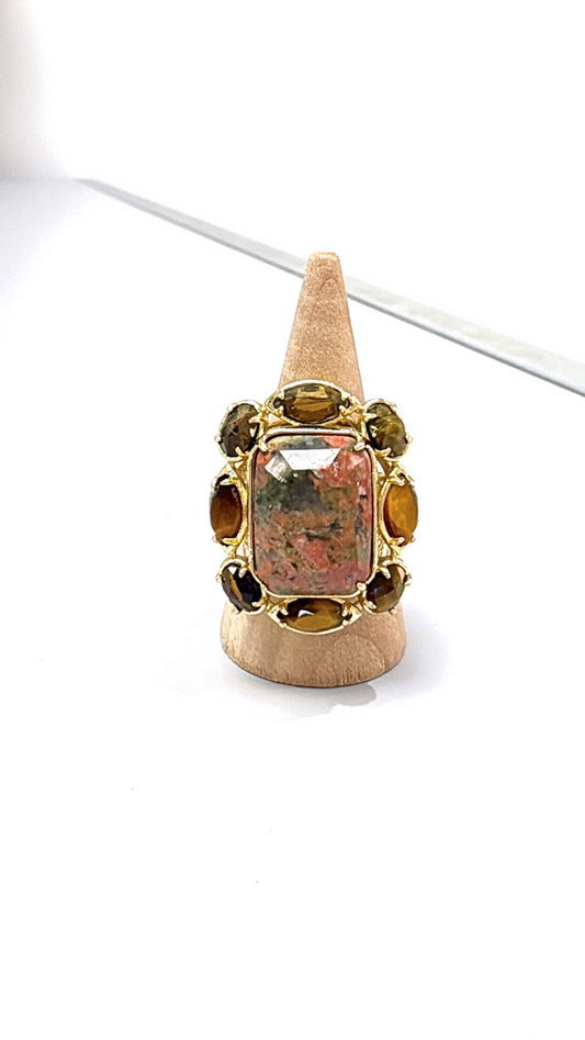 Bague Splendide Unakite et Œil de Tigre