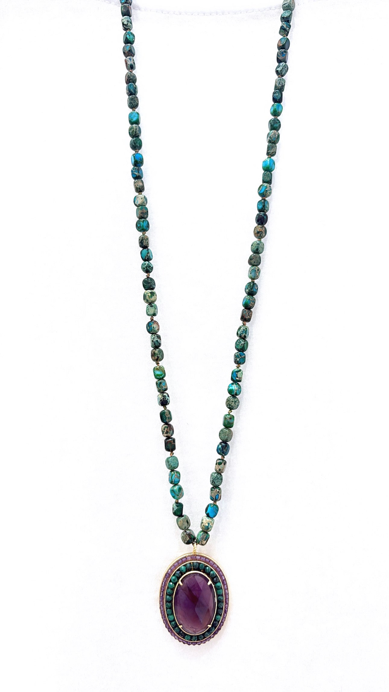 Sautoir l’Impérial Amethyste, Chrysocolle et Malachite