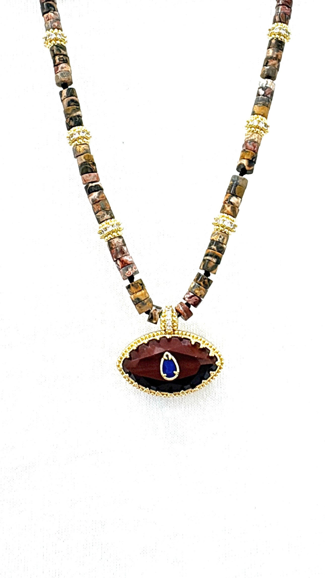 Collier Amulette Œil Sacré Jaspe Léopard et Œil de Taureau