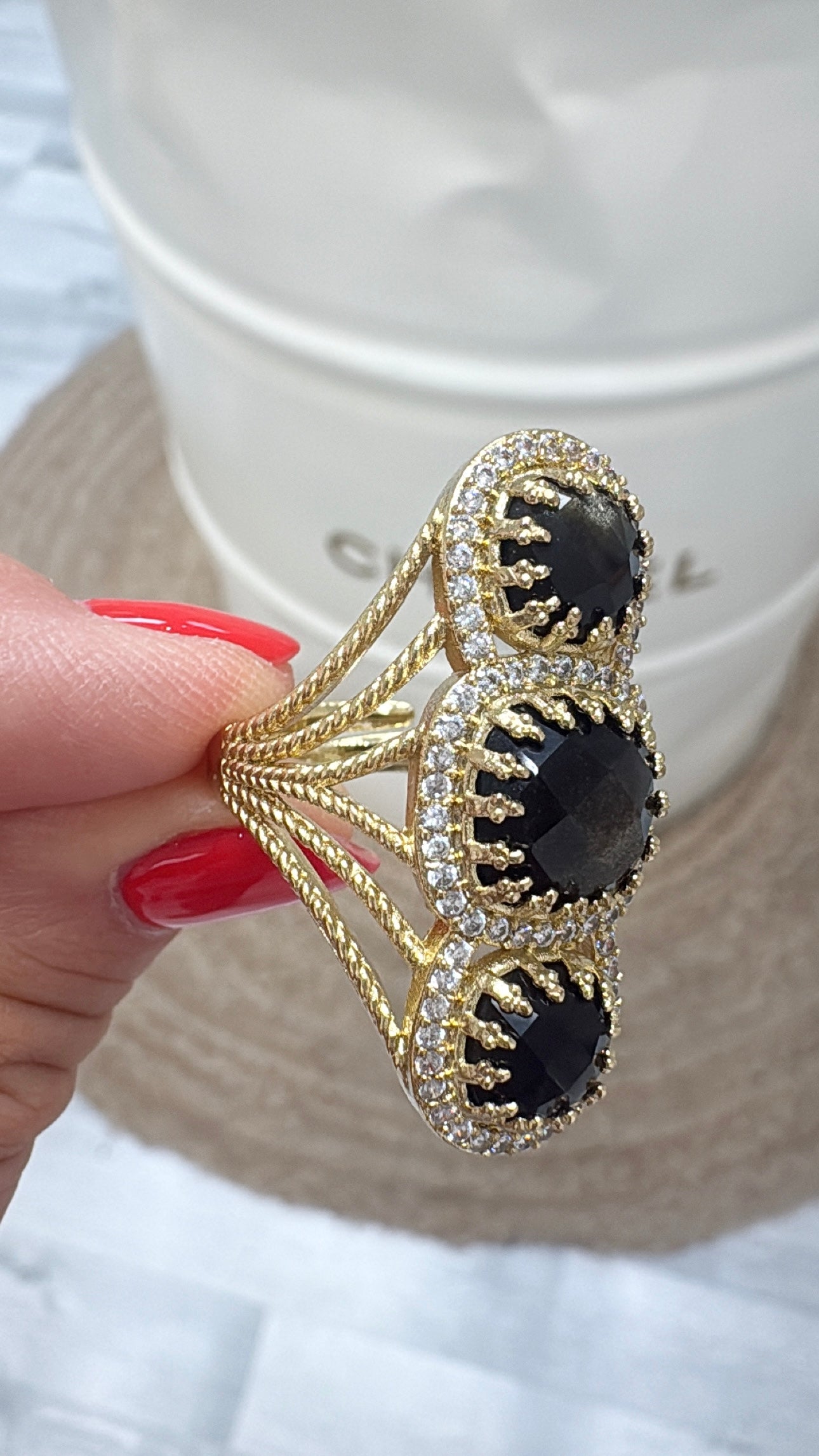 Bague Spectaculaire Obsidienne Dorée