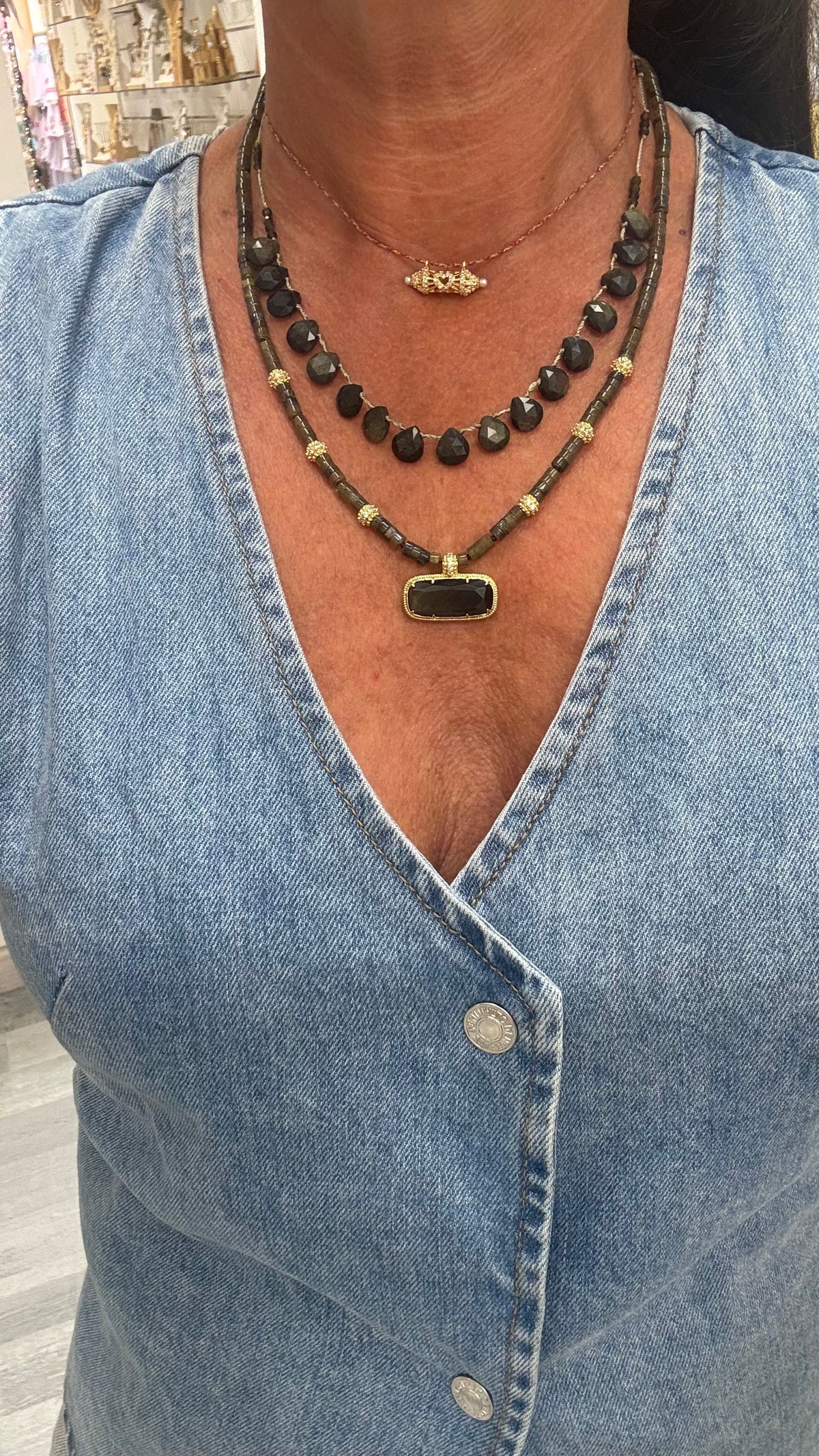 Collier Baguette Obsidienne Dorée