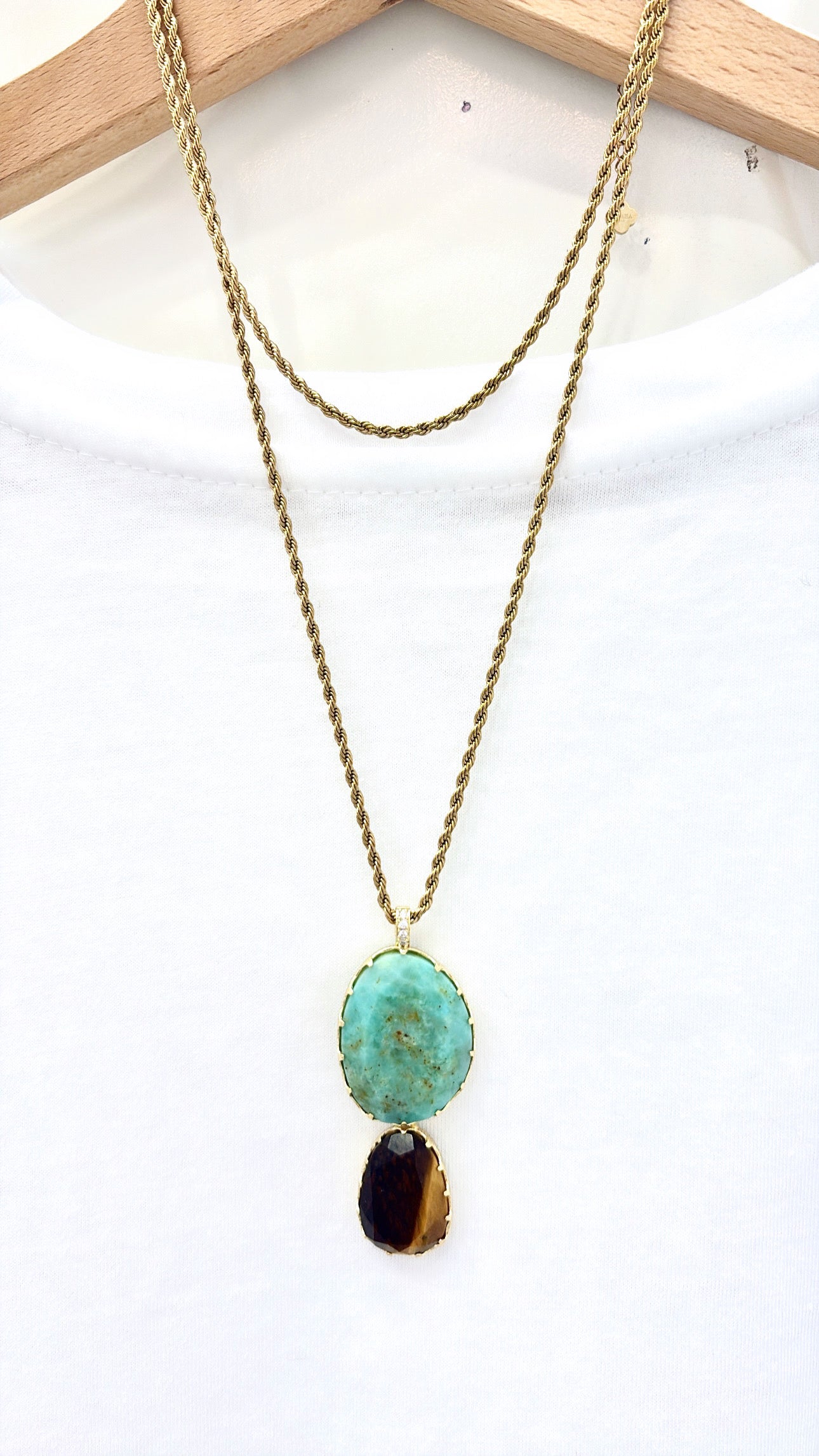 Sautoir Élégance Chrysoprase et Œil de Tigre