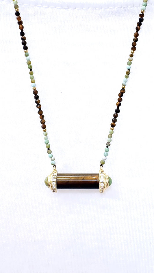 Collier Amulette Takrut Chrysoprase et Œil de Tigre