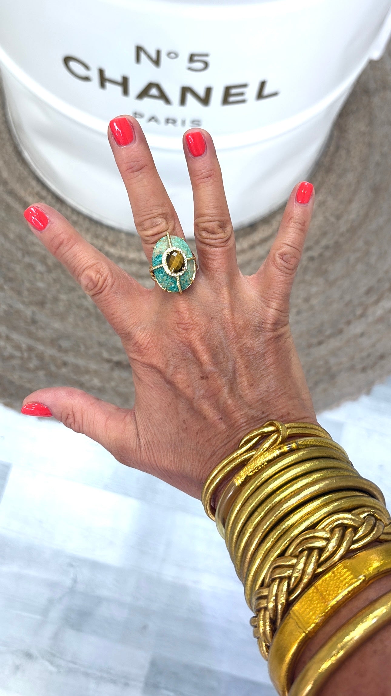 Bague Superbe Chrysoprase et Œil de Tigre