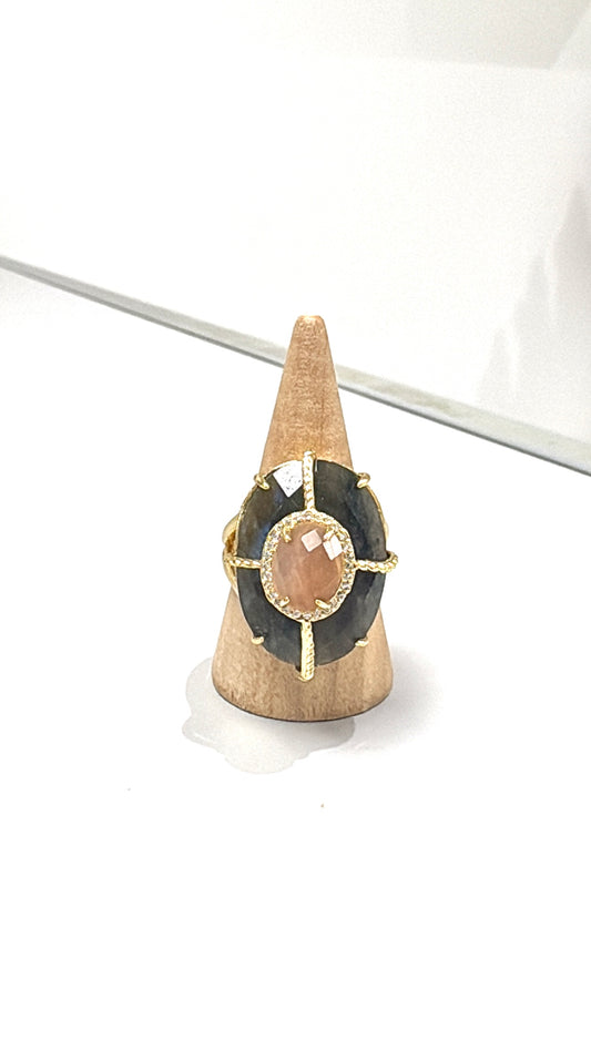 Bague Superbe Labradorite et Quartz Rose