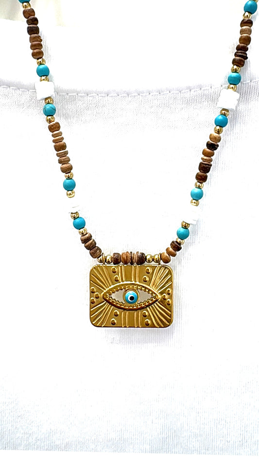 Collier Amulette Oeil Bois et Coquillages