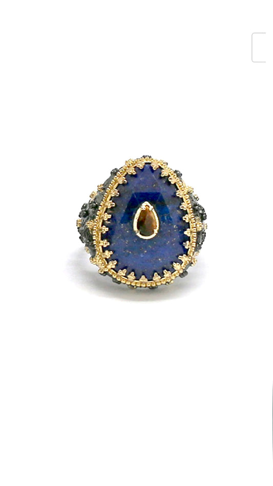 Bague Bohème Noire et Dorée Lapis Lazulli