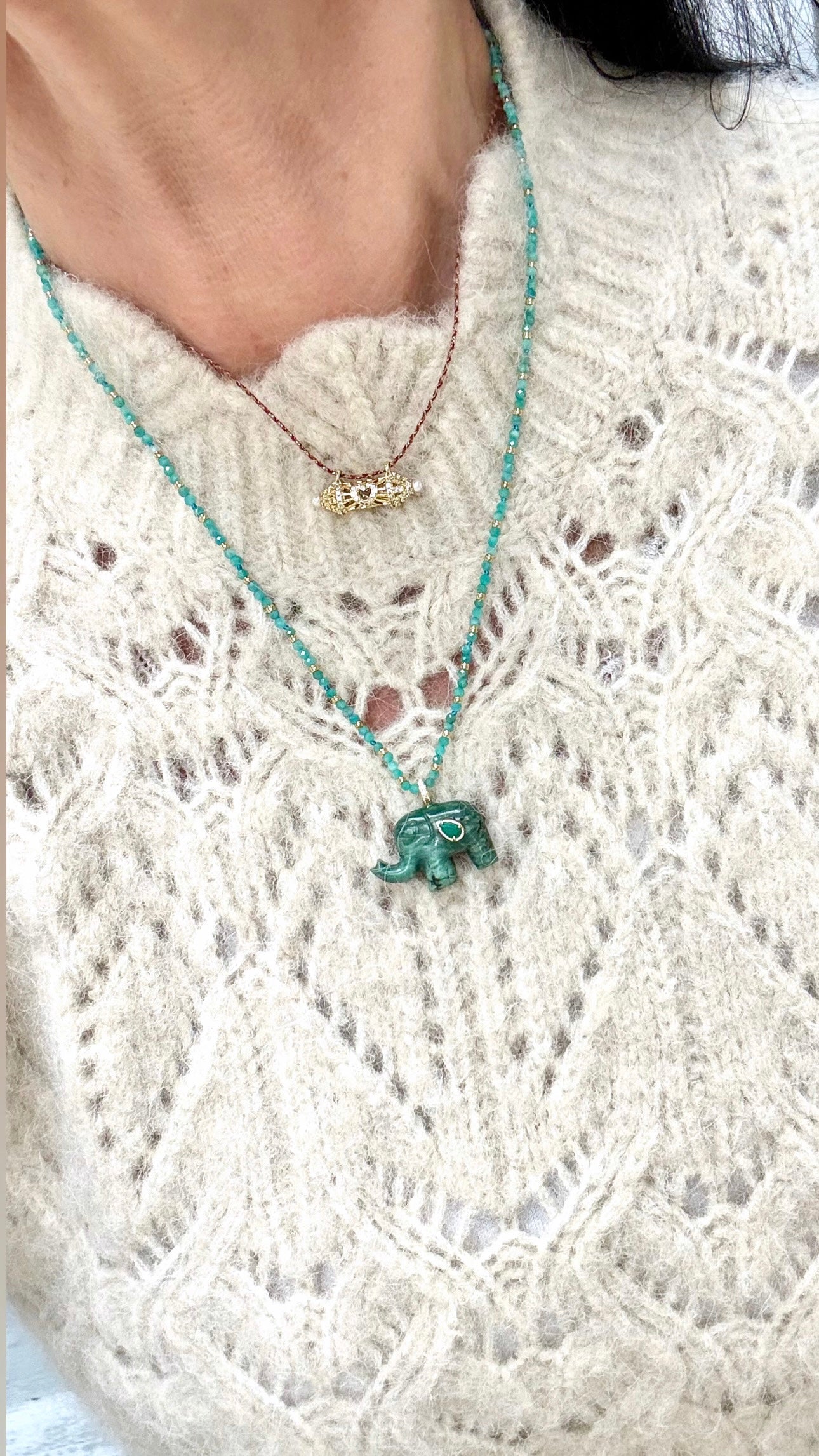 Collier Éléphant Jade Africain, Amazonite et Malachite