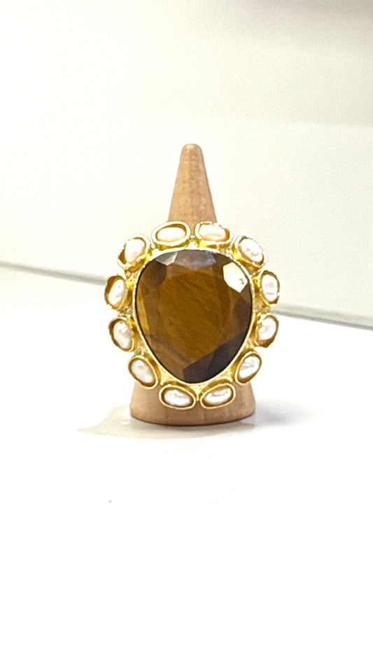Bague Ovaloide Œil de Tigre et Perles d’eau douce