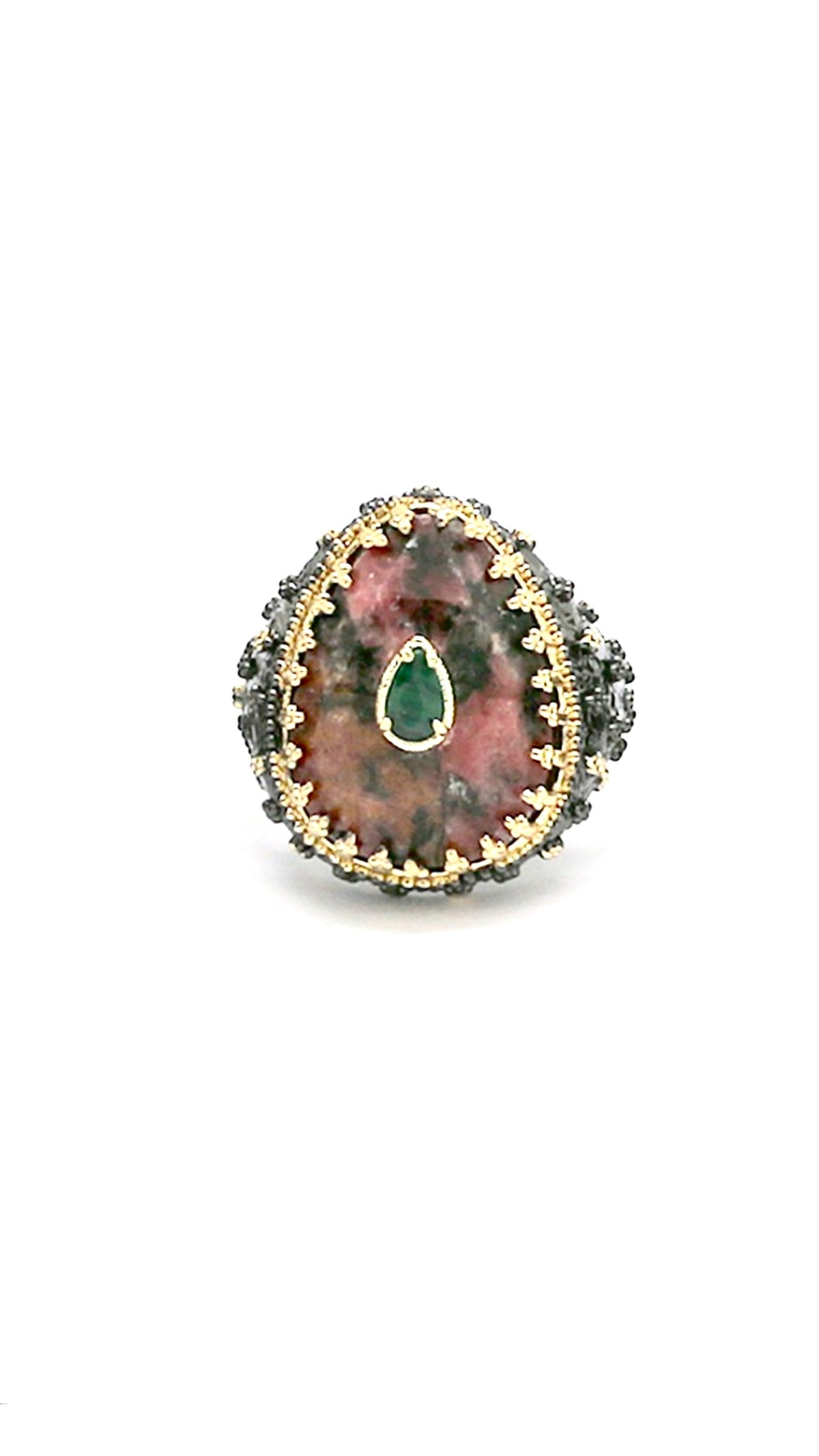 Bague Bohème Noire et Dorée Rhodonite