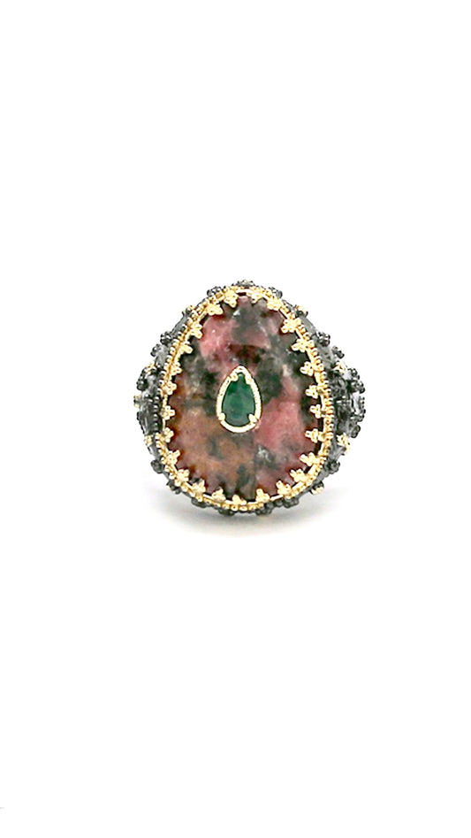 Bague Bohème Noire et Dorée Rhodonite