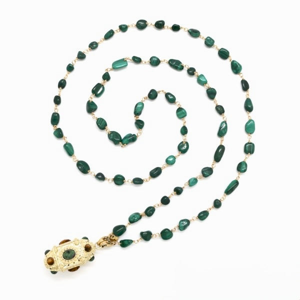 Sautoir Amulette Kalia Malachite, Œil de Tigre et Rubis Zoisite