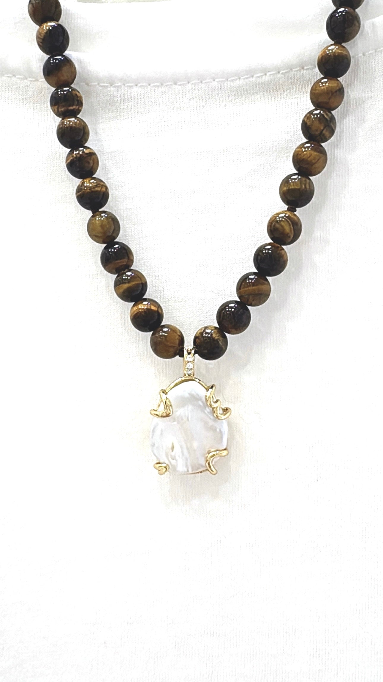 Collier Pépite d’eau douce et Œil de Tigre