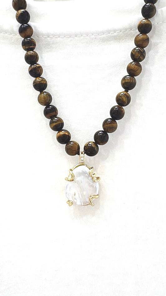 Collier Pépite d’eau douce et Œil de Tigre