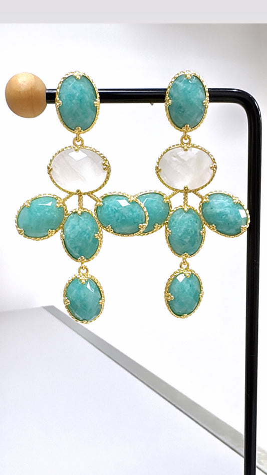 Boucles d’Oreilles Pétales Amazonite et Cristal de Roche